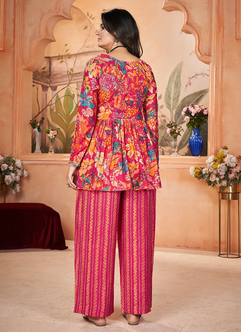 Rani Pink Digital Printed Peplum Pant Style Suit