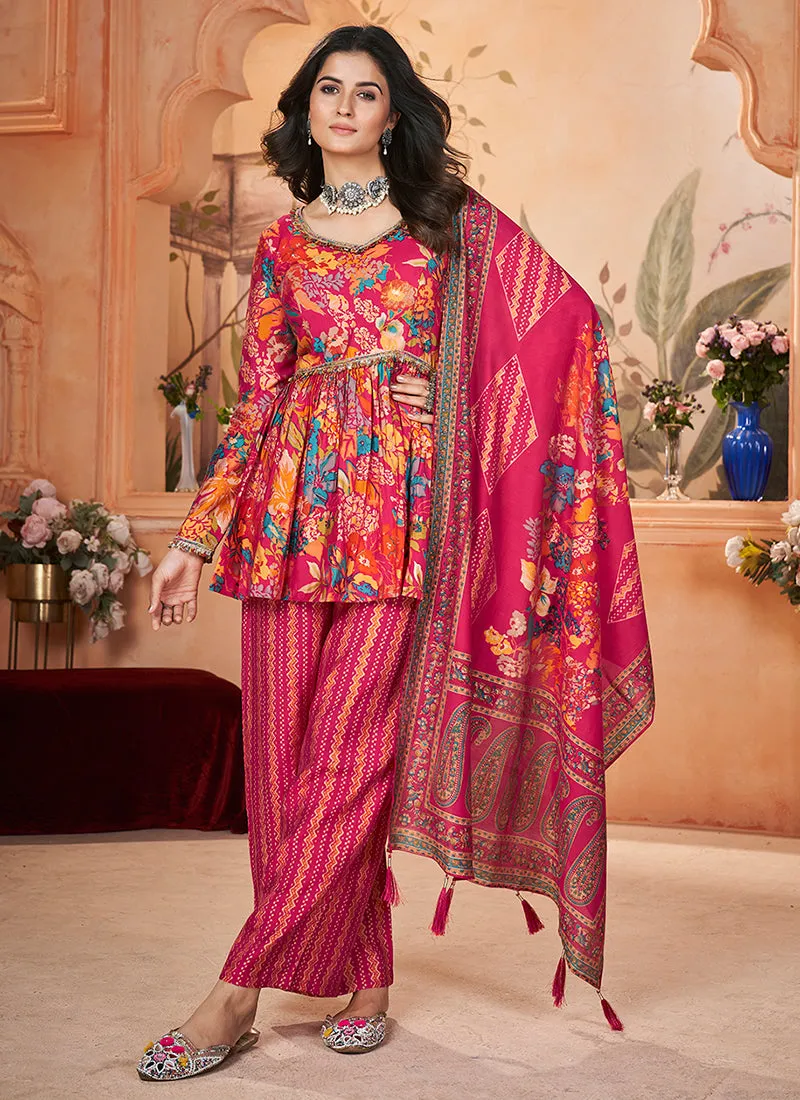 Rani Pink Digital Printed Peplum Pant Style Suit