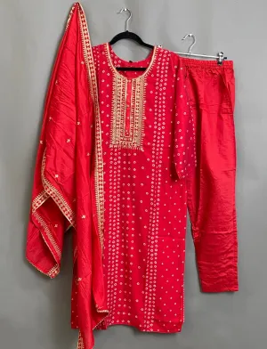 Red Bandhini Kutra, Pants & Dupatta set