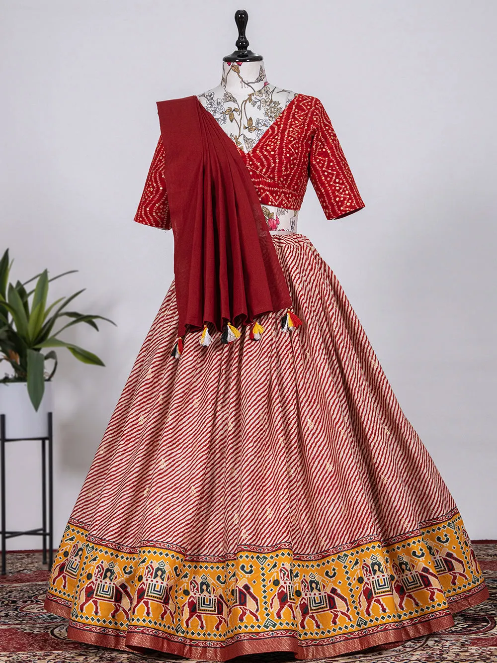 Red Color Printed With Foil Cotton Lehenga