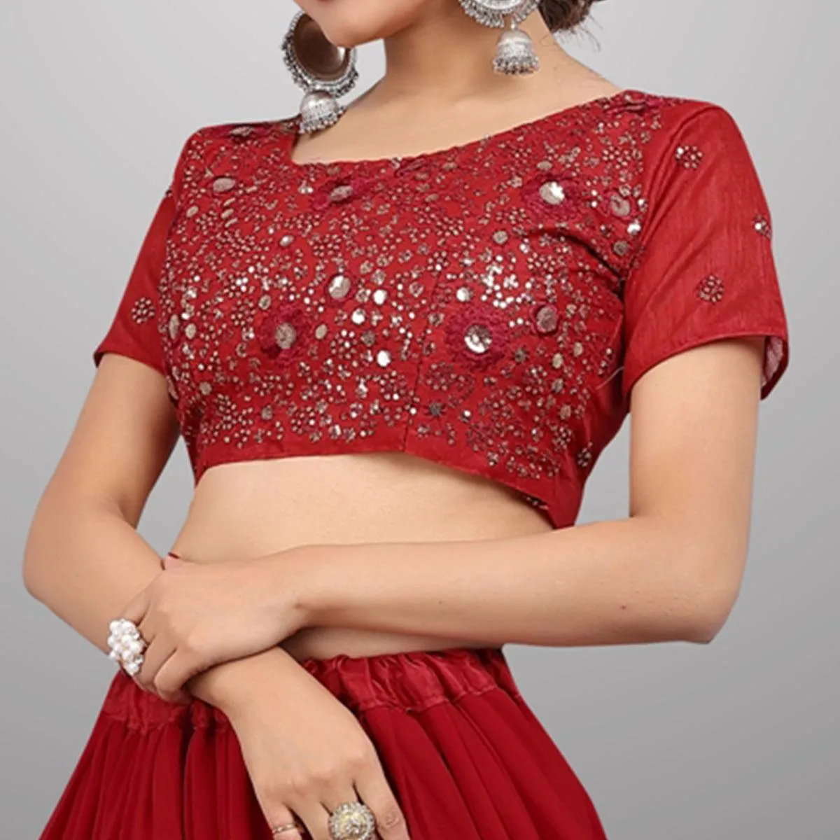Red Party Wear Sequins Embroidered Georgette Lehenga Choli