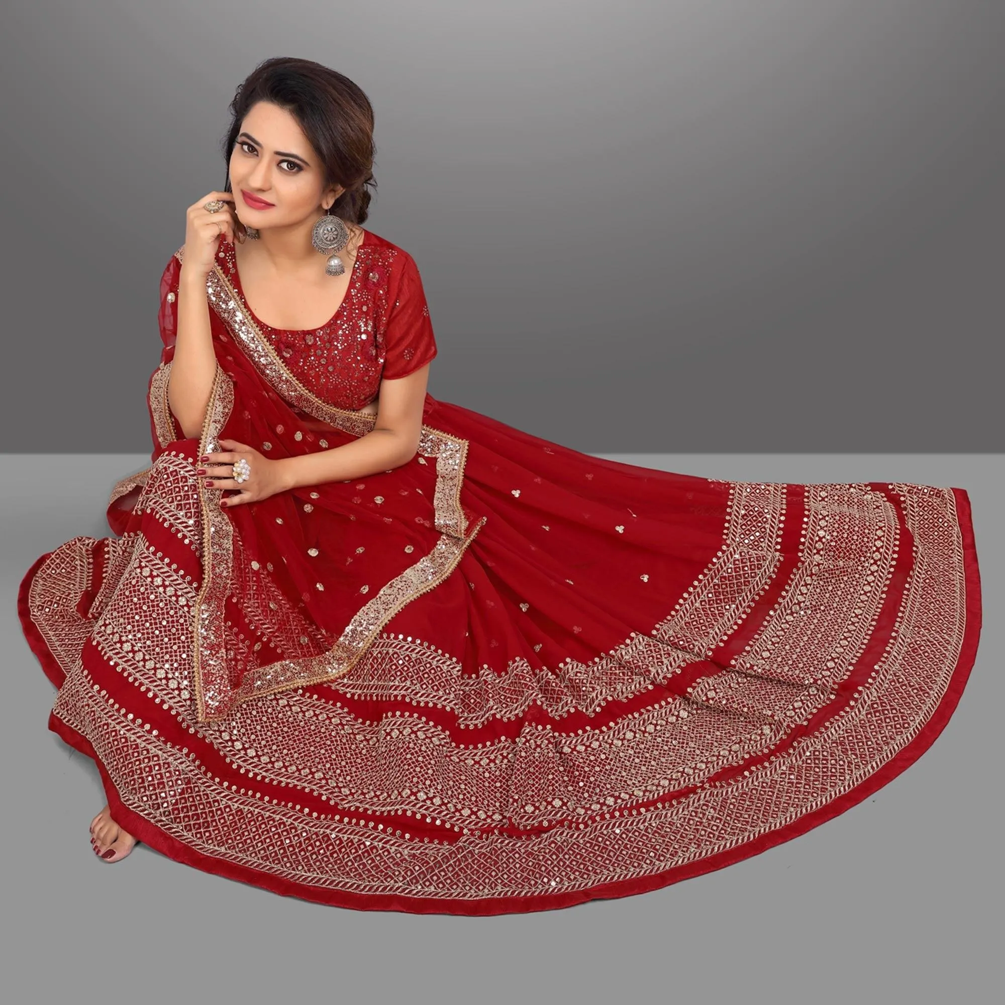 Red Party Wear Sequins Embroidered Georgette Lehenga Choli