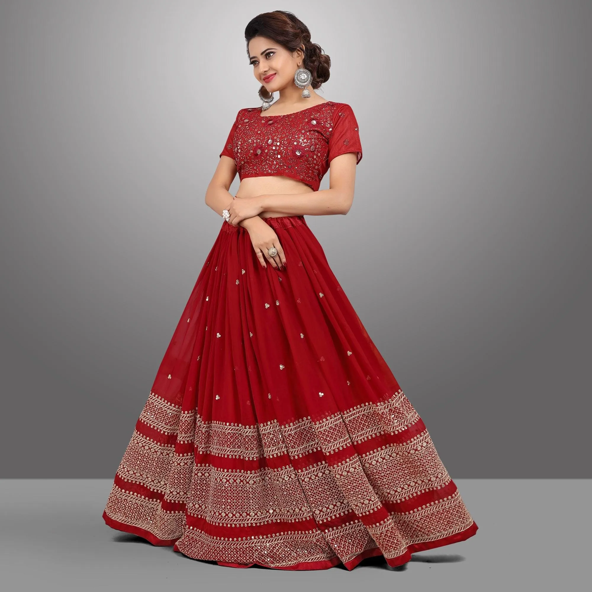 Red Party Wear Sequins Embroidered Georgette Lehenga Choli