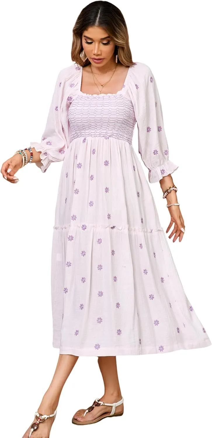 R.Vivimos Women's Long Sleeve Cotton Boho Midi Dress Vintage Square Neck Floral Embroidered Tiered Ruffle Flowy Pockets Dress