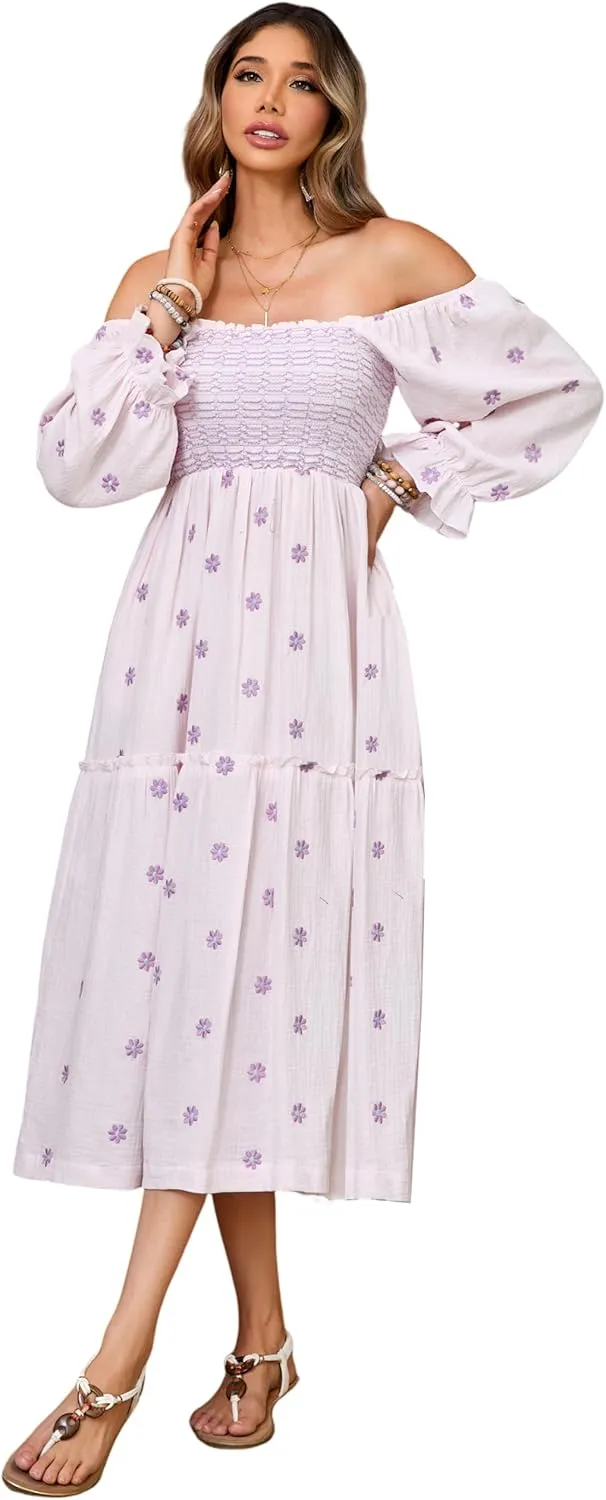 R.Vivimos Women's Long Sleeve Cotton Boho Midi Dress Vintage Square Neck Floral Embroidered Tiered Ruffle Flowy Pockets Dress