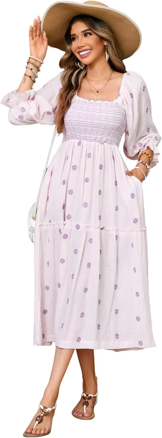 R.Vivimos Women's Long Sleeve Cotton Boho Midi Dress Vintage Square Neck Floral Embroidered Tiered Ruffle Flowy Pockets Dress