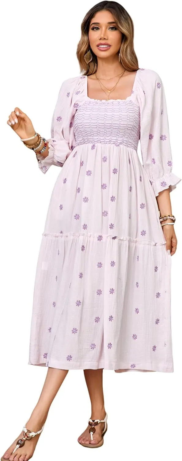 R.Vivimos Women's Long Sleeve Cotton Boho Midi Dress Vintage Square Neck Floral Embroidered Tiered Ruffle Flowy Pockets Dress