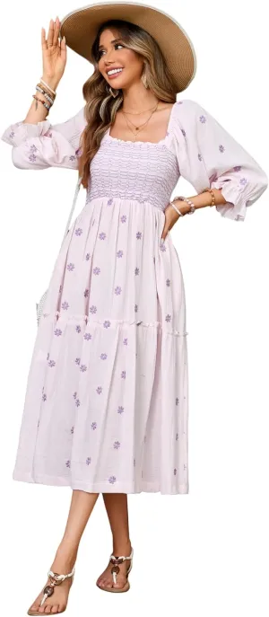 R.Vivimos Women's Long Sleeve Cotton Boho Midi Dress Vintage Square Neck Floral Embroidered Tiered Ruffle Flowy Pockets Dress