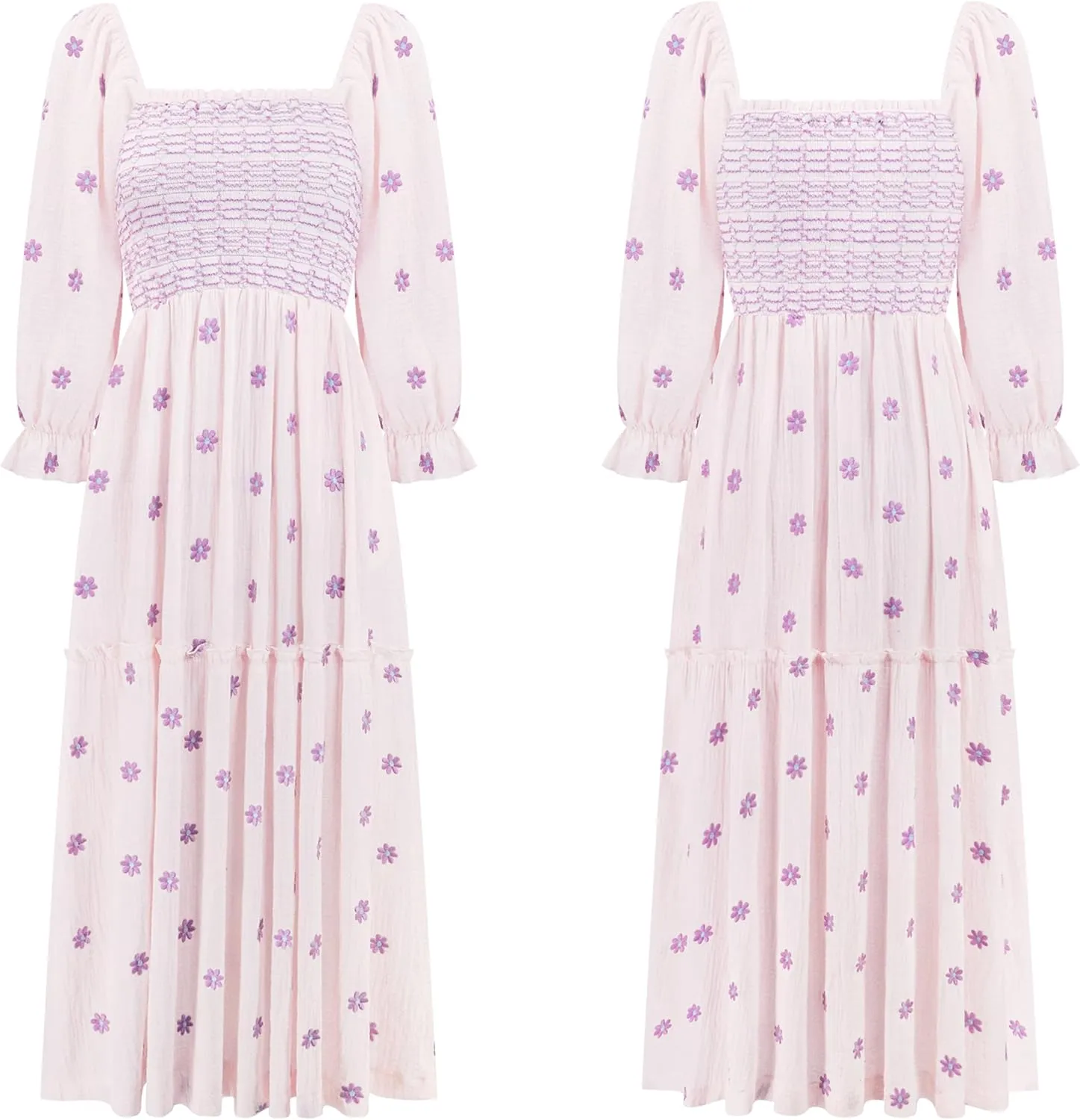 R.Vivimos Women's Long Sleeve Cotton Boho Midi Dress Vintage Square Neck Floral Embroidered Tiered Ruffle Flowy Pockets Dress