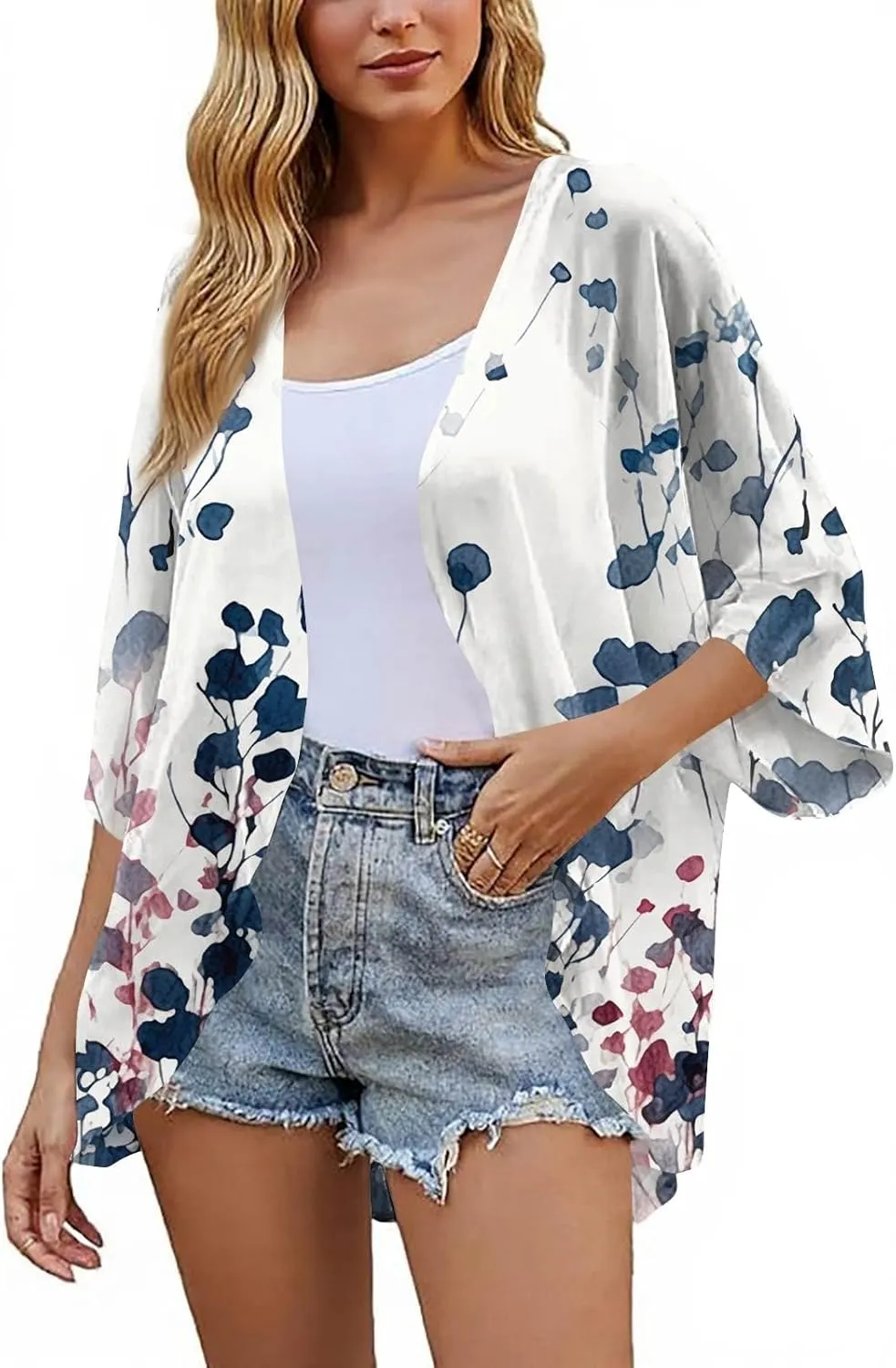 Summer Cardigans for Women Lightweight Beach Cover Up Open Front Floral Geometric Print Resort Wear Summer Tops
