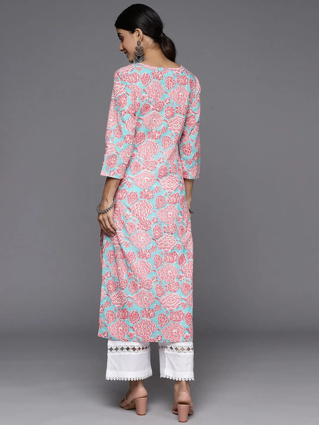 Varanga Women Turquoise And Pink Floral Printed Round Neck With Tassel Details Straight Kurta