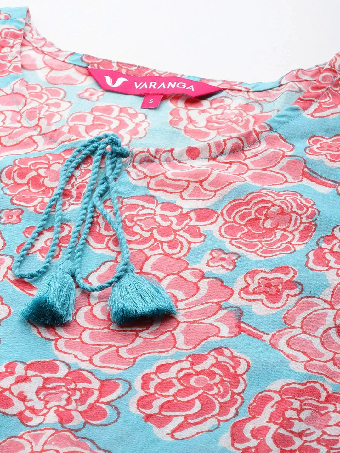 Varanga Women Turquoise And Pink Floral Printed Round Neck With Tassel Details Straight Kurta