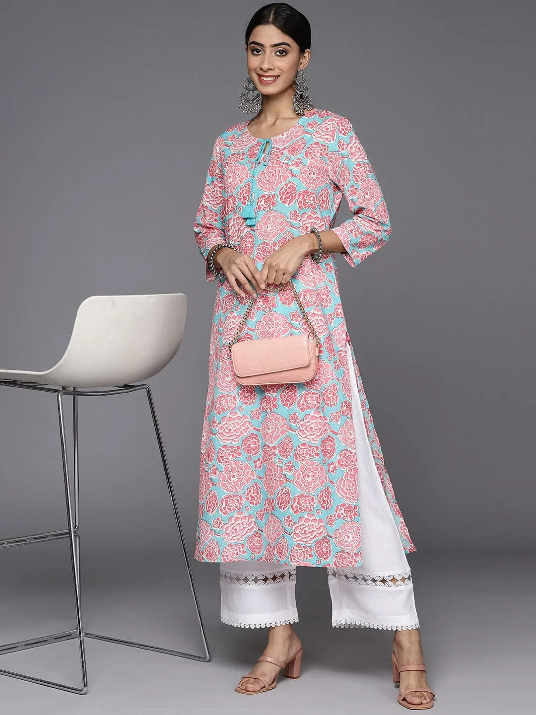 Varanga Women Turquoise And Pink Floral Printed Round Neck With Tassel Details Straight Kurta