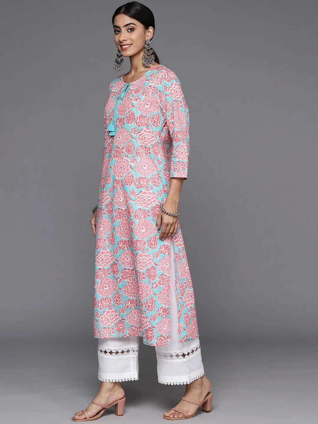 Varanga Women Turquoise And Pink Floral Printed Round Neck With Tassel Details Straight Kurta