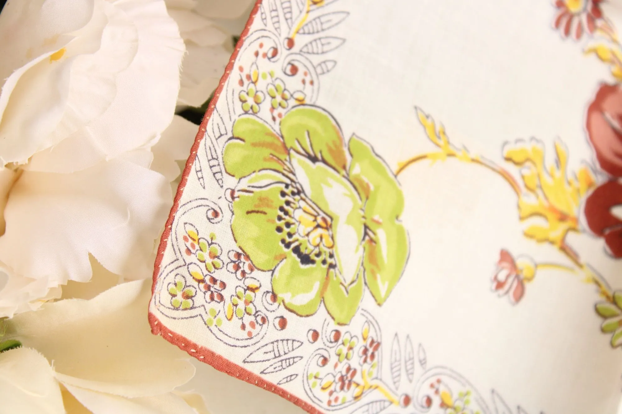 Vintage Brown Poppy Flower Print Cotton Hanky