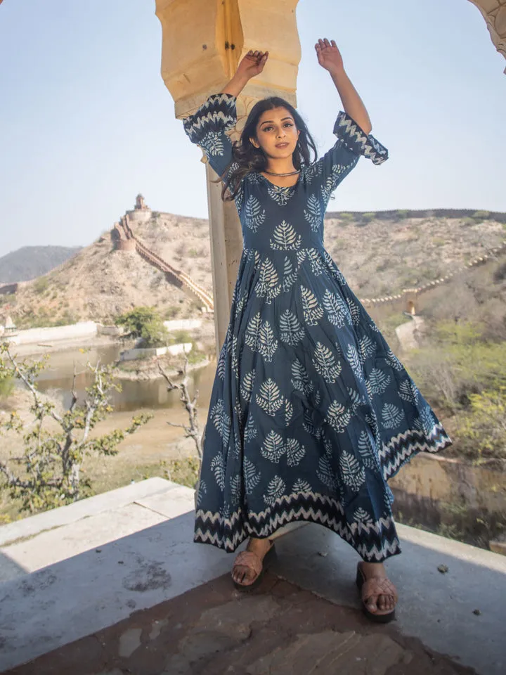 Women Blue Long Cotton Anarkali