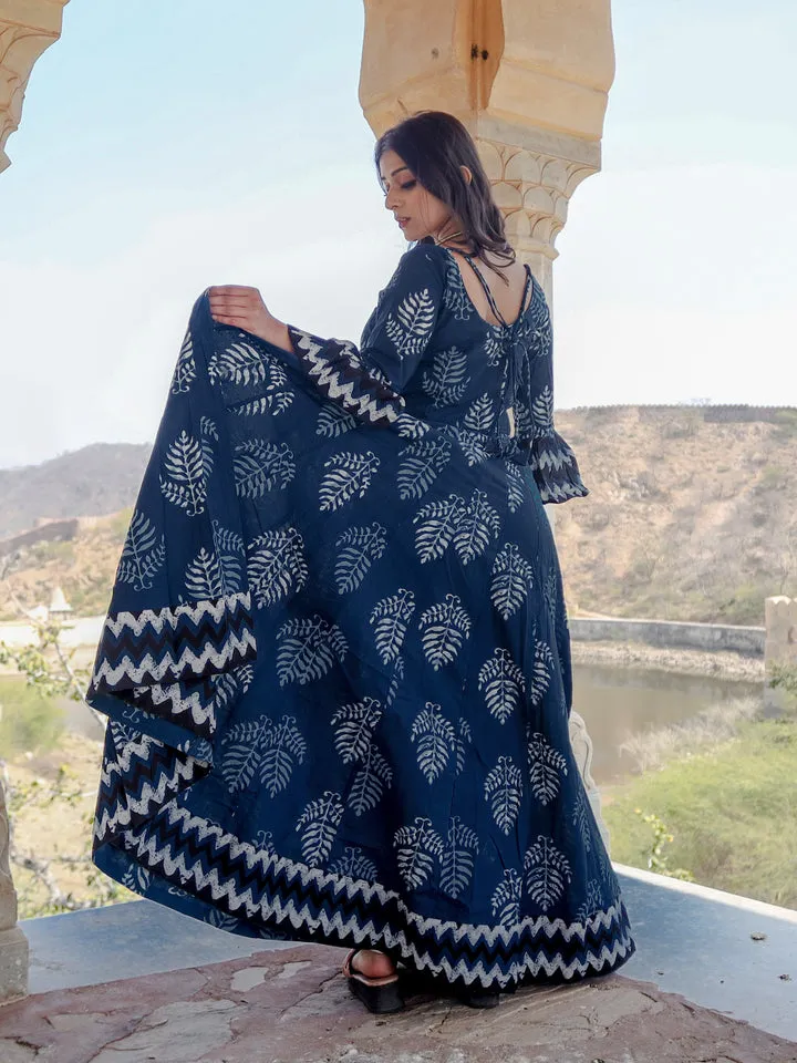 Women Blue Long Cotton Anarkali