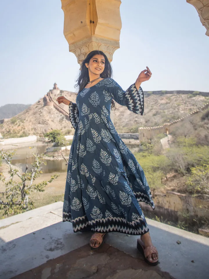 Women Blue Long Cotton Anarkali
