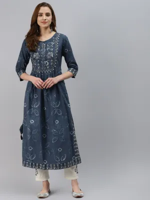 Women'S Blue Cotton Kurta Pant Set