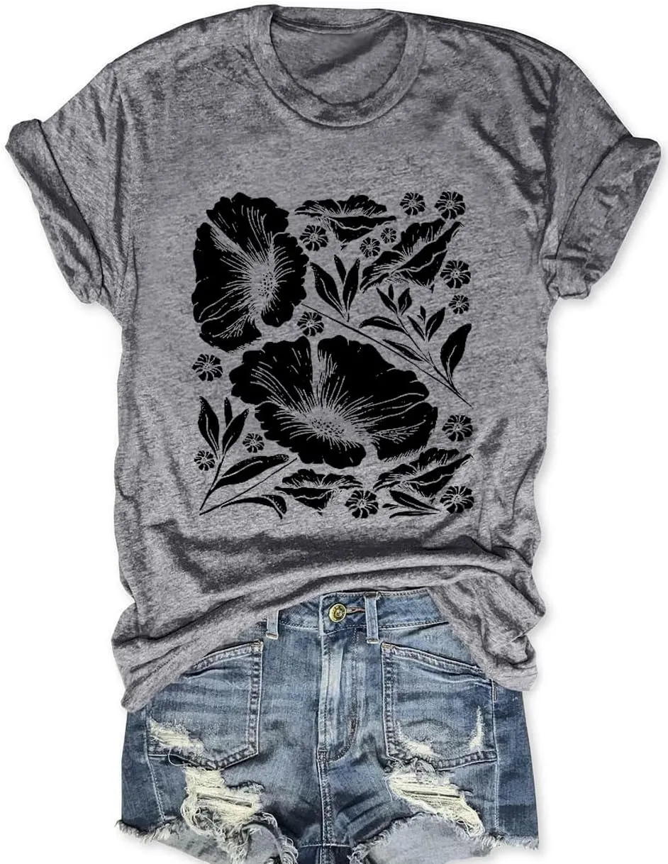 Womens Flower T Shirt Vintage Wildflowers Printed Graphic Tee Casual Botanical Short Sleeve