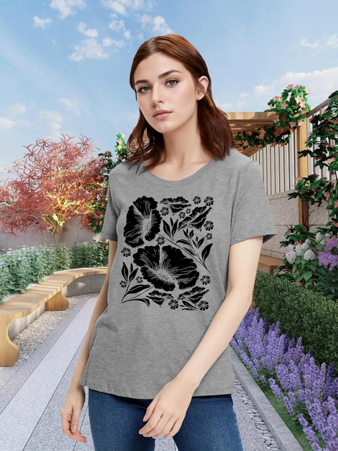 Womens Flower T Shirt Vintage Wildflowers Printed Graphic Tee Casual Botanical Short Sleeve