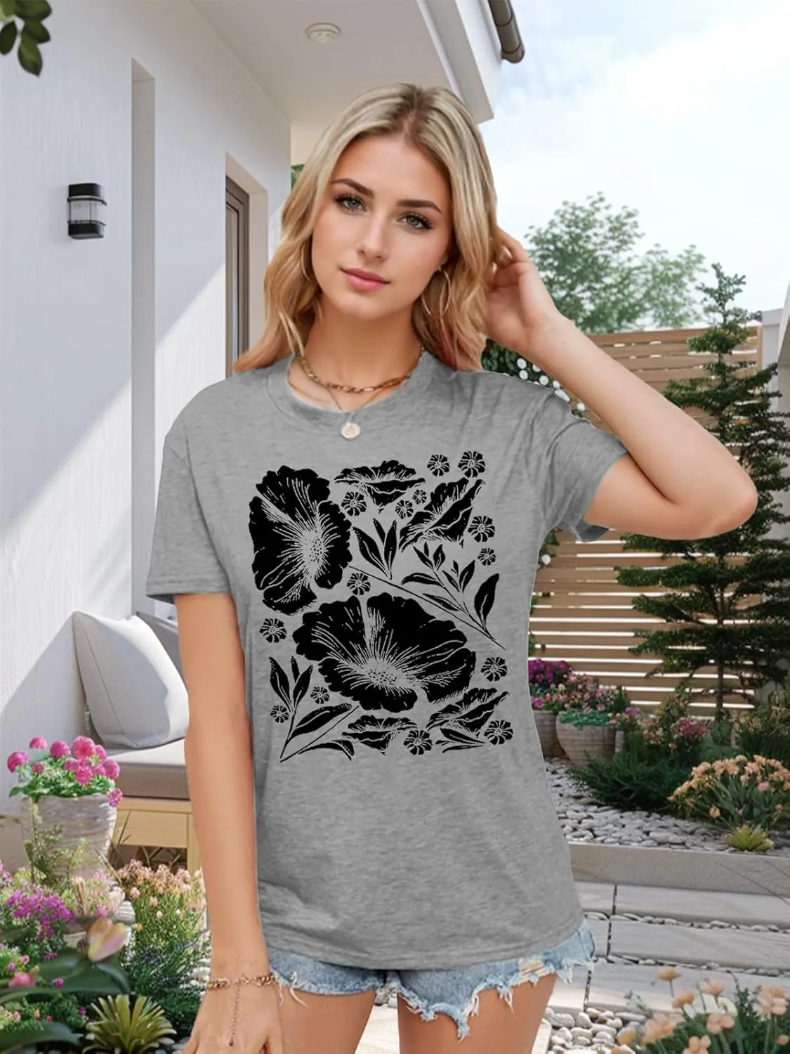 Womens Flower T Shirt Vintage Wildflowers Printed Graphic Tee Casual Botanical Short Sleeve