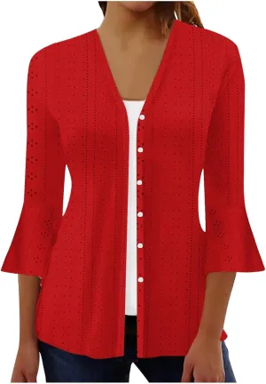 Women's Kimono Cardigans Boho Floral Print Beach Wear Cover Up 3/4 Sleeve Eyelet Embroidery Summer Tops Resort Wear