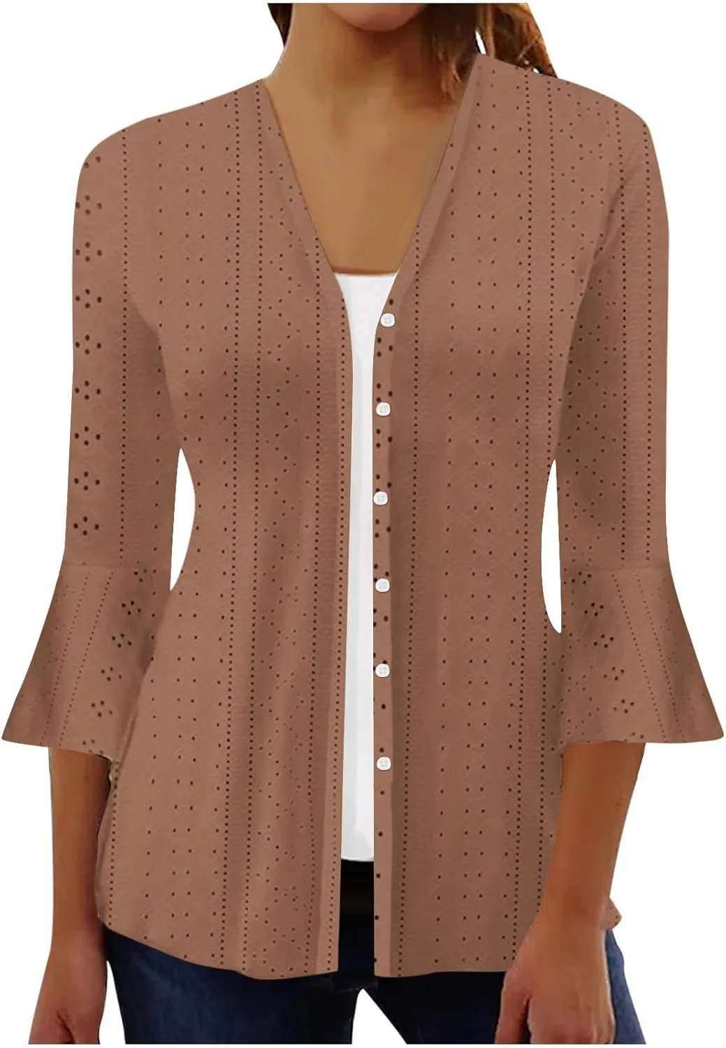 Women's Kimono Cardigans Boho Floral Print Beach Wear Cover Up 3/4 Sleeve Eyelet Embroidery Summer Tops Resort Wear