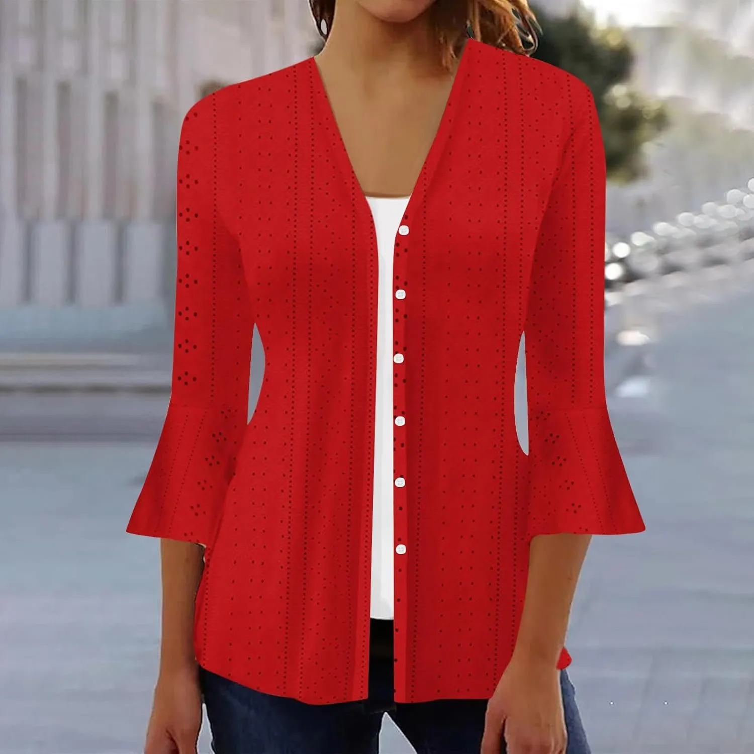 Women's Kimono Cardigans Boho Floral Print Beach Wear Cover Up 3/4 Sleeve Eyelet Embroidery Summer Tops Resort Wear