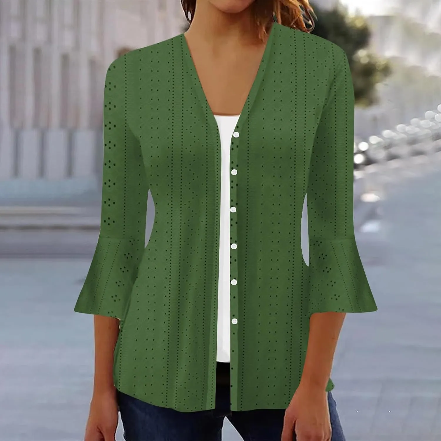 Women's Kimono Cardigans Boho Floral Print Beach Wear Cover Up 3/4 Sleeve Eyelet Embroidery Summer Tops Resort Wear