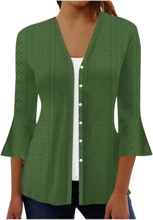 Women's Kimono Cardigans Boho Floral Print Beach Wear Cover Up 3/4 Sleeve Eyelet Embroidery Summer Tops Resort Wear