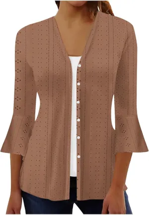 Women's Kimono Cardigans Boho Floral Print Beach Wear Cover Up 3/4 Sleeve Eyelet Embroidery Summer Tops Resort Wear