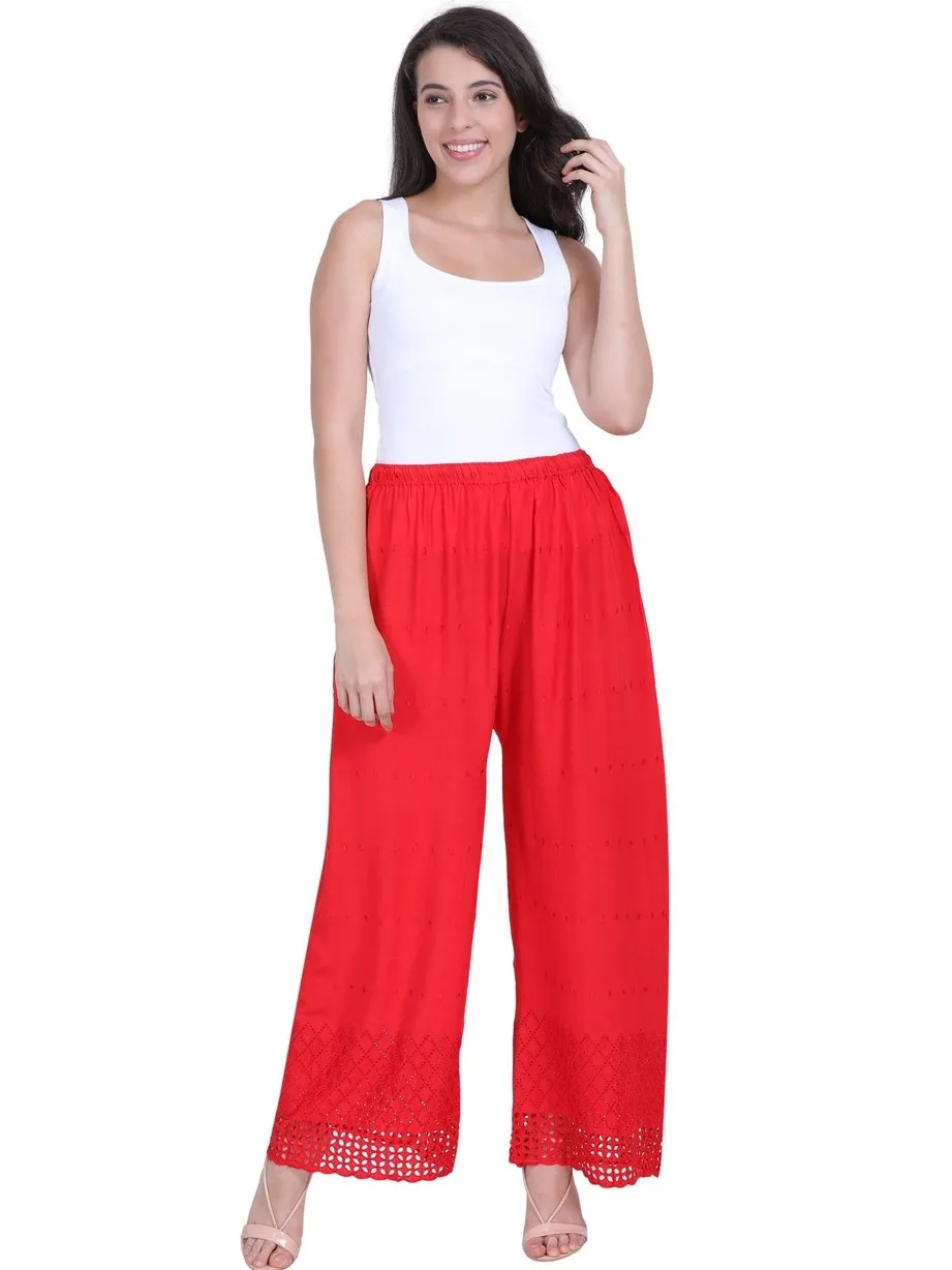 Women's Lucknow Embroidered Cotton Palazzo (Free Size, Red)
