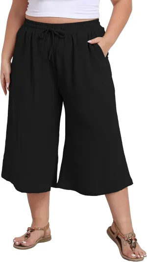 Women's Plus Size Capri Culottes Pants High Waisted Wide Leg Palazzo Trousers with Pockets for Summer Casual Wear
