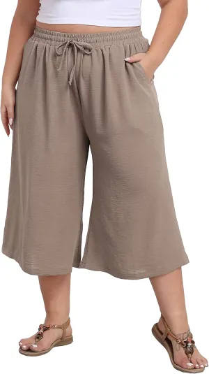 Women's Plus Size Capri Culottes Pants High Waisted Wide Leg Palazzo Trousers with Pockets for Summer Casual Wear