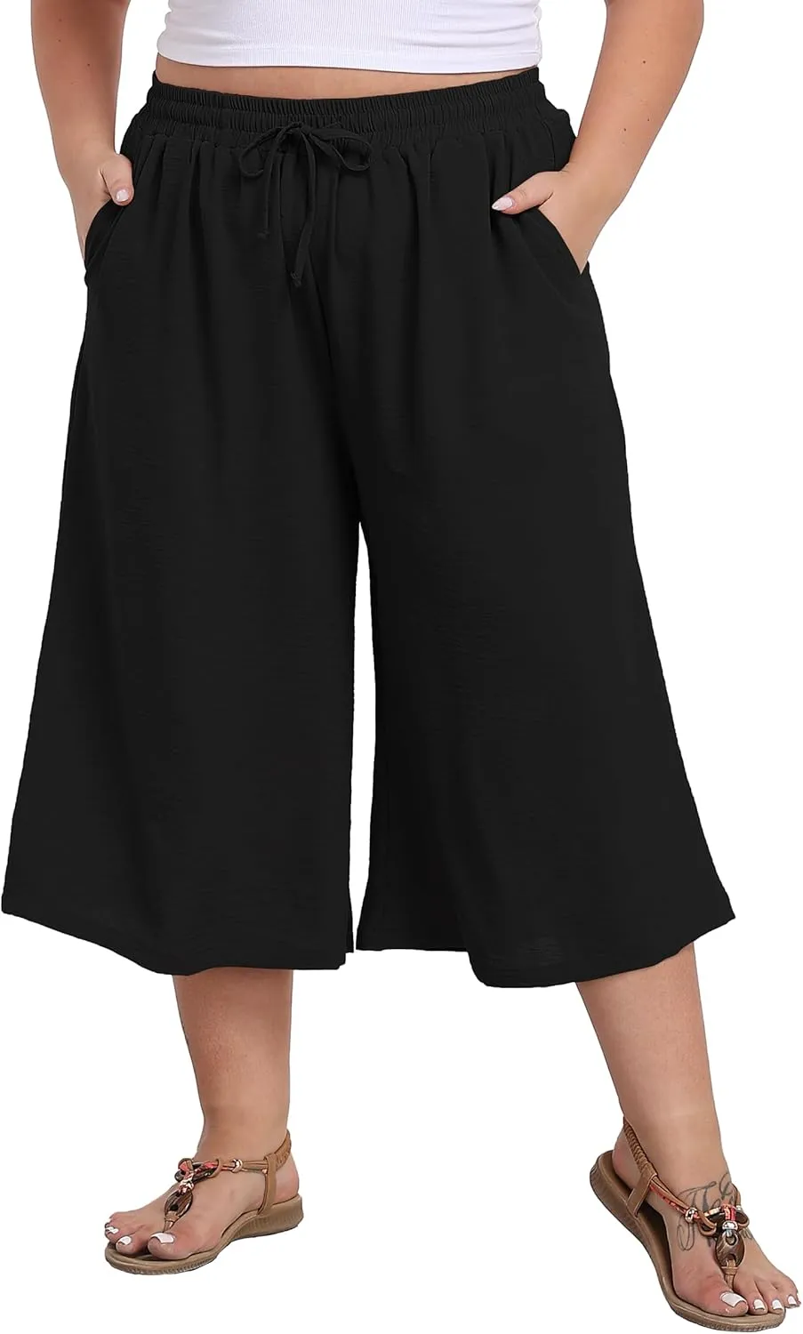 Women's Plus Size Capri Culottes Pants High Waisted Wide Leg Palazzo Trousers with Pockets for Summer Casual Wear