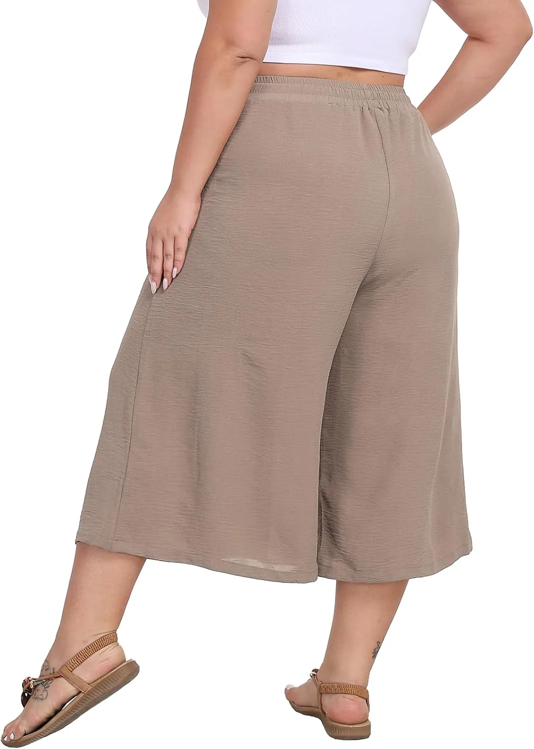 Women's Plus Size Capri Culottes Pants High Waisted Wide Leg Palazzo Trousers with Pockets for Summer Casual Wear