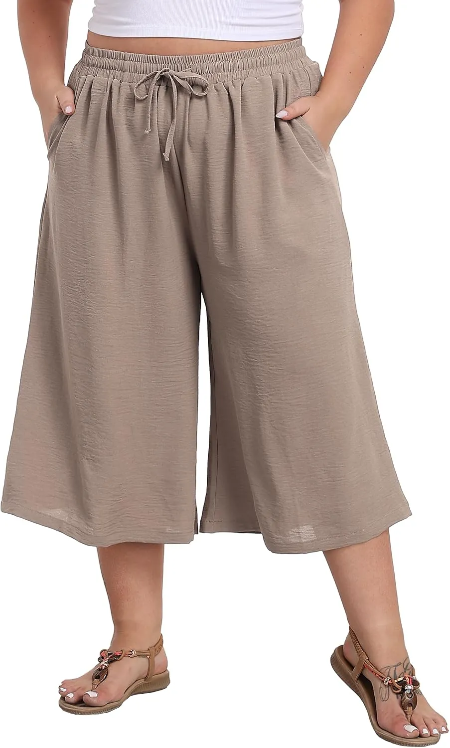 Women's Plus Size Capri Culottes Pants High Waisted Wide Leg Palazzo Trousers with Pockets for Summer Casual Wear