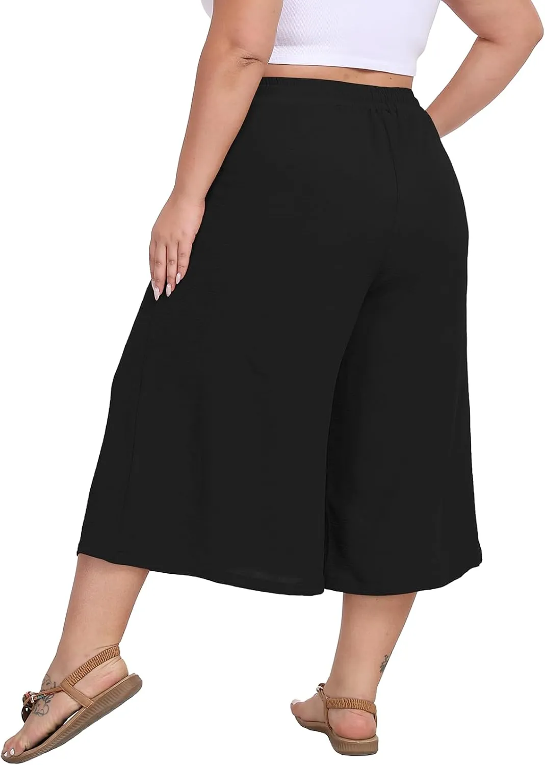 Women's Plus Size Capri Culottes Pants High Waisted Wide Leg Palazzo Trousers with Pockets for Summer Casual Wear
