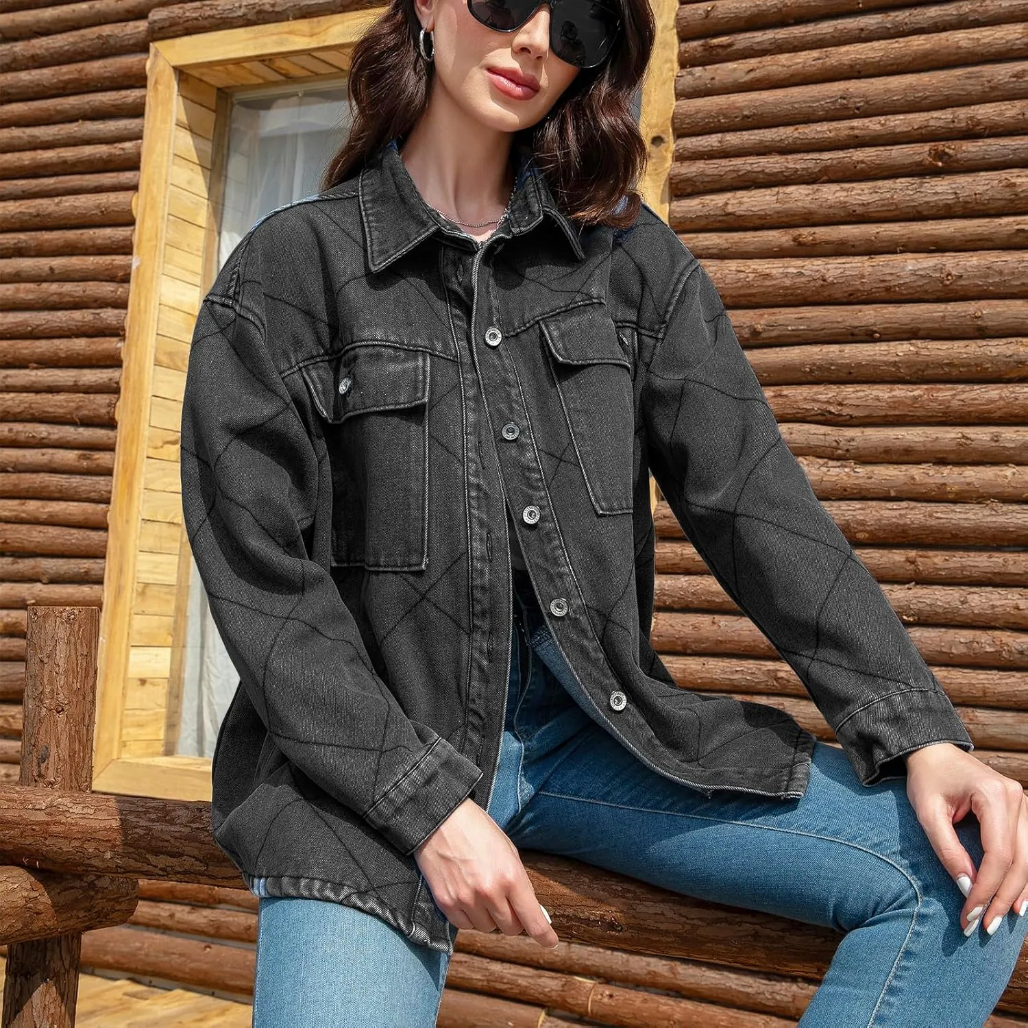Women's Spring Denim Jacket-Lightweight Oversized Shacket with Soft Flannel Lining-Casual Everyday Wear