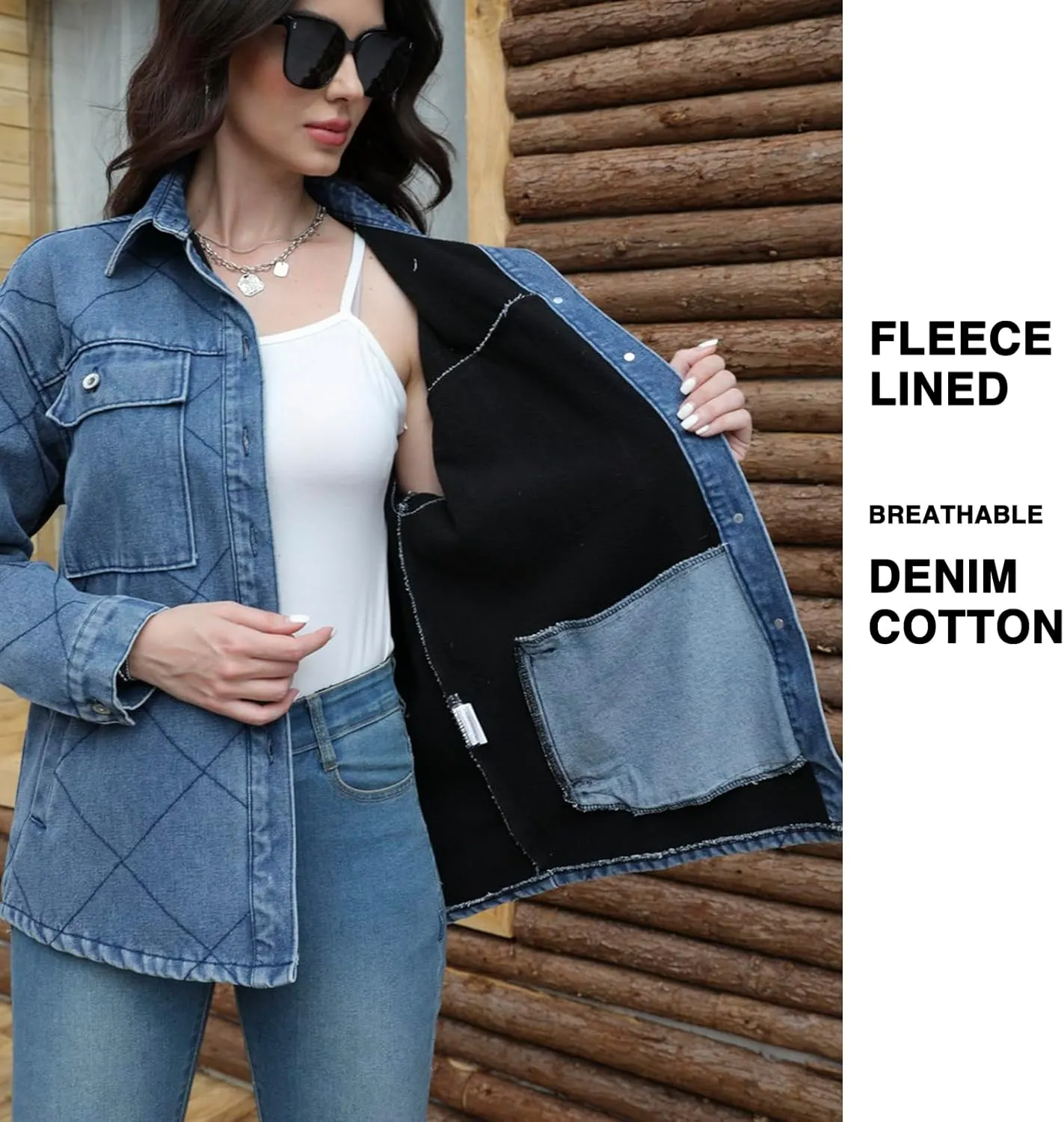 Women's Spring Denim Jacket-Lightweight Oversized Shacket with Soft Flannel Lining-Casual Everyday Wear