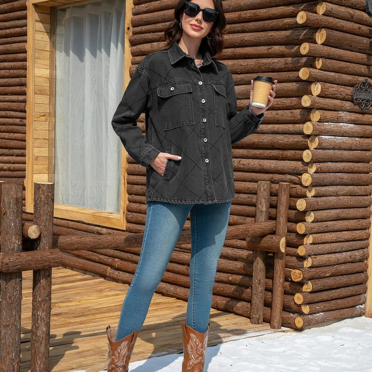 Women's Spring Denim Jacket-Lightweight Oversized Shacket with Soft Flannel Lining-Casual Everyday Wear
